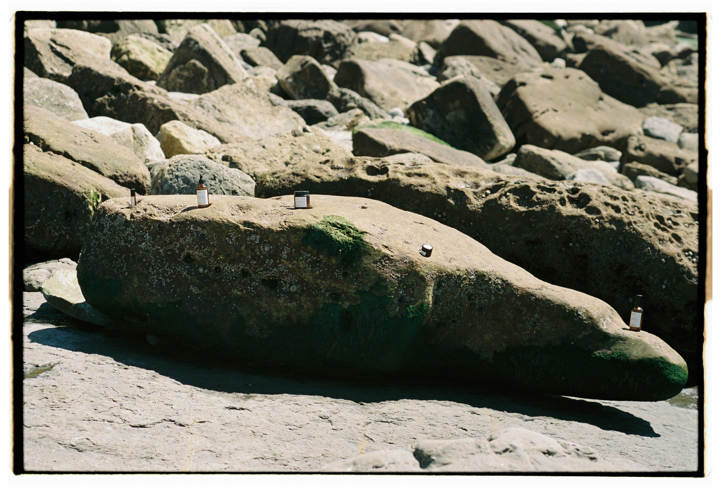 shlou products set out on a coastal boulder